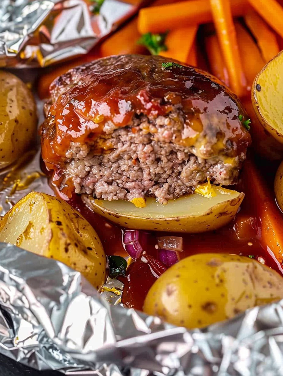 A close up of a meatball with gravy and vegetables.