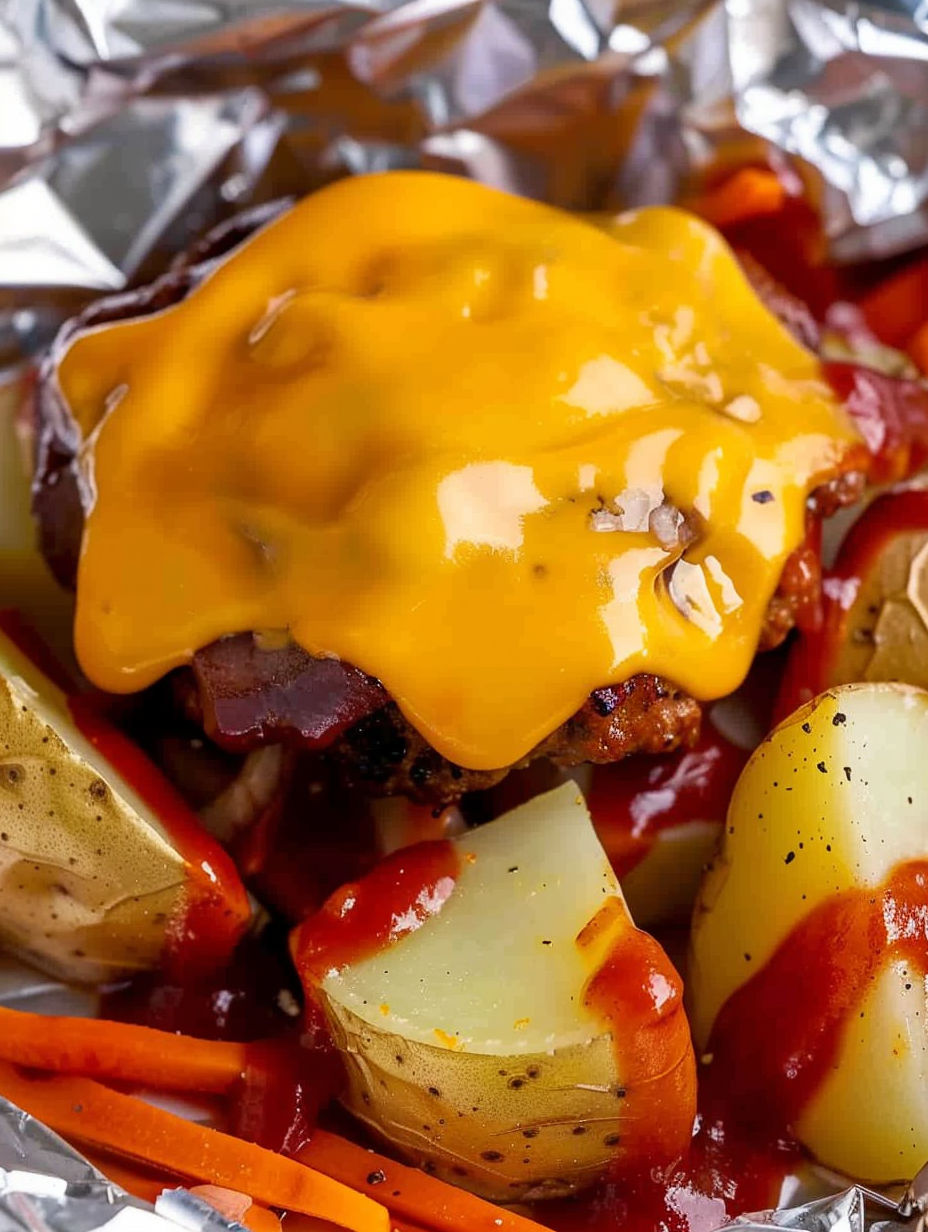 A cheeseburger with potatoes and ketchup.