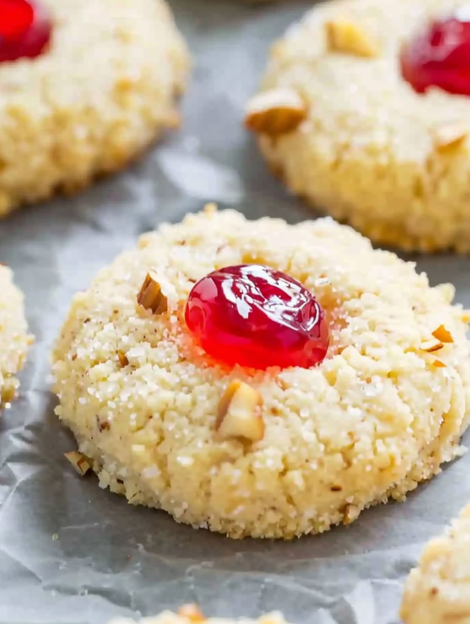 A cookie with a cherry on top.