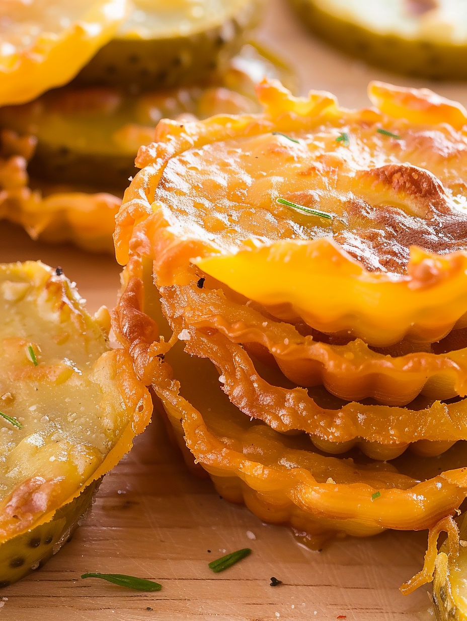 A stack of air fryer cheddar ranch pickle chips.