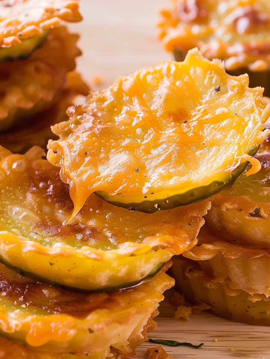 A close up of a delicious looking pickle chip.