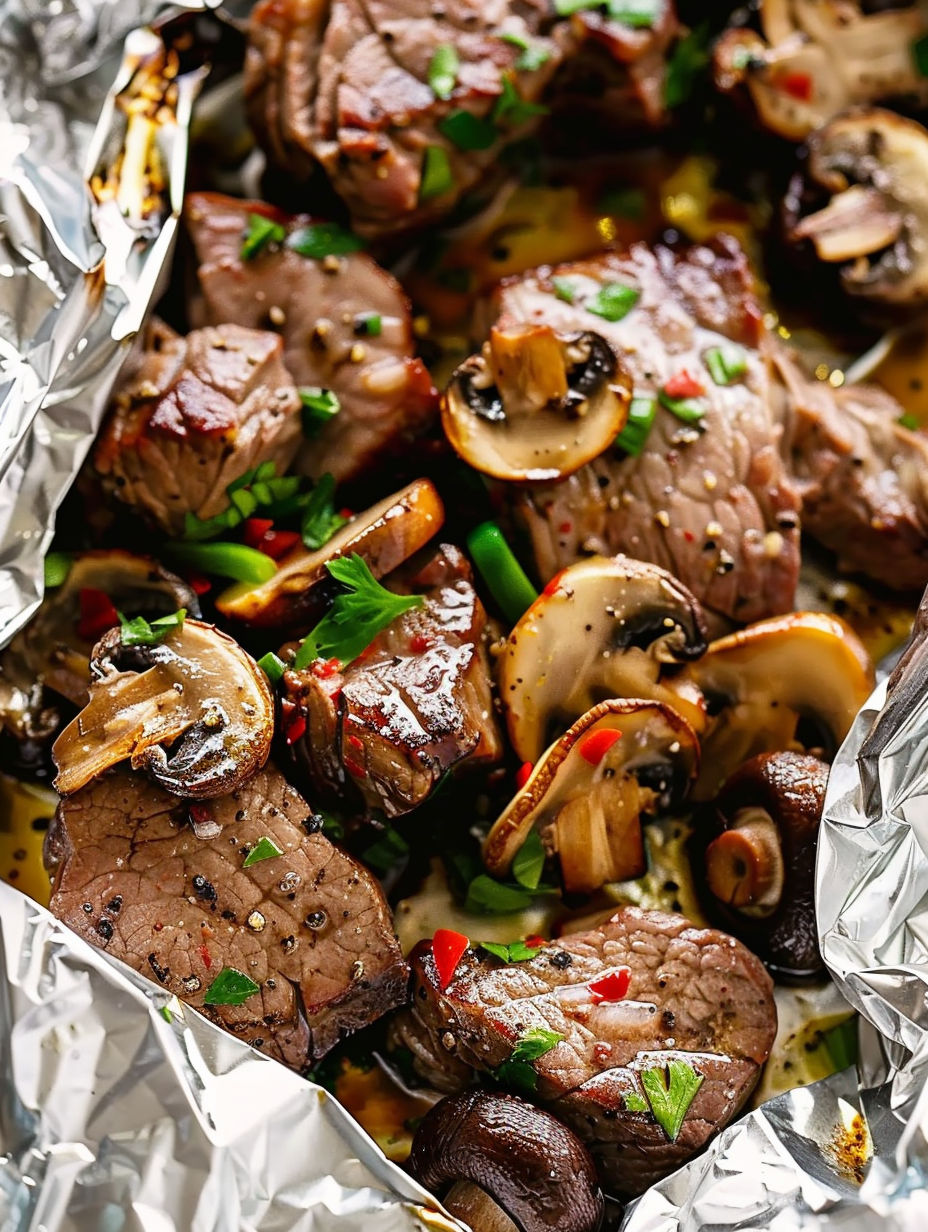 A close up of a foil packed steak and mushrooms.