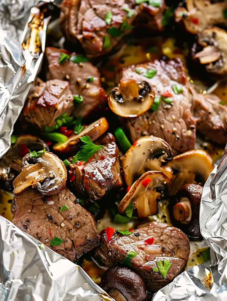 A close up of a foil packed steak and mushrooms.
