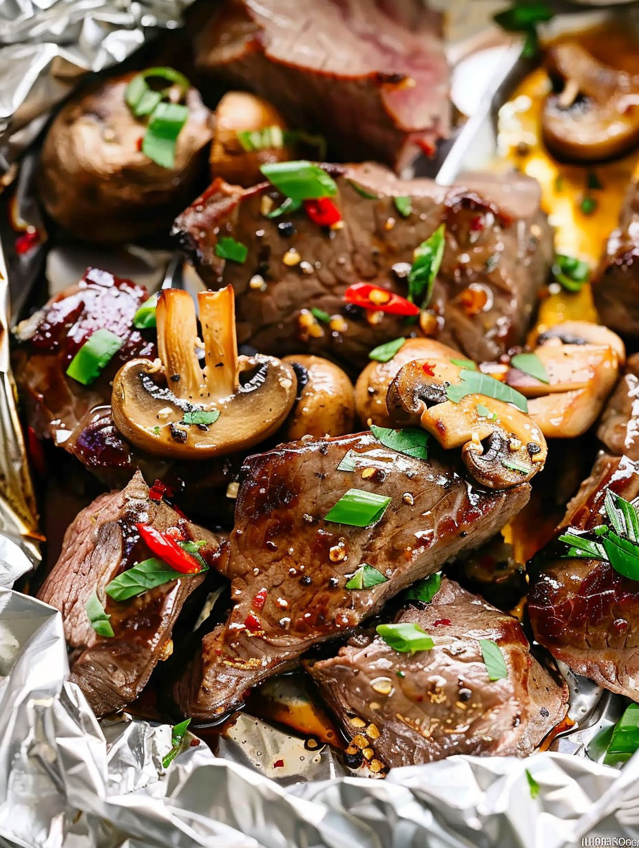 A foil pack of steak and mushrooms.