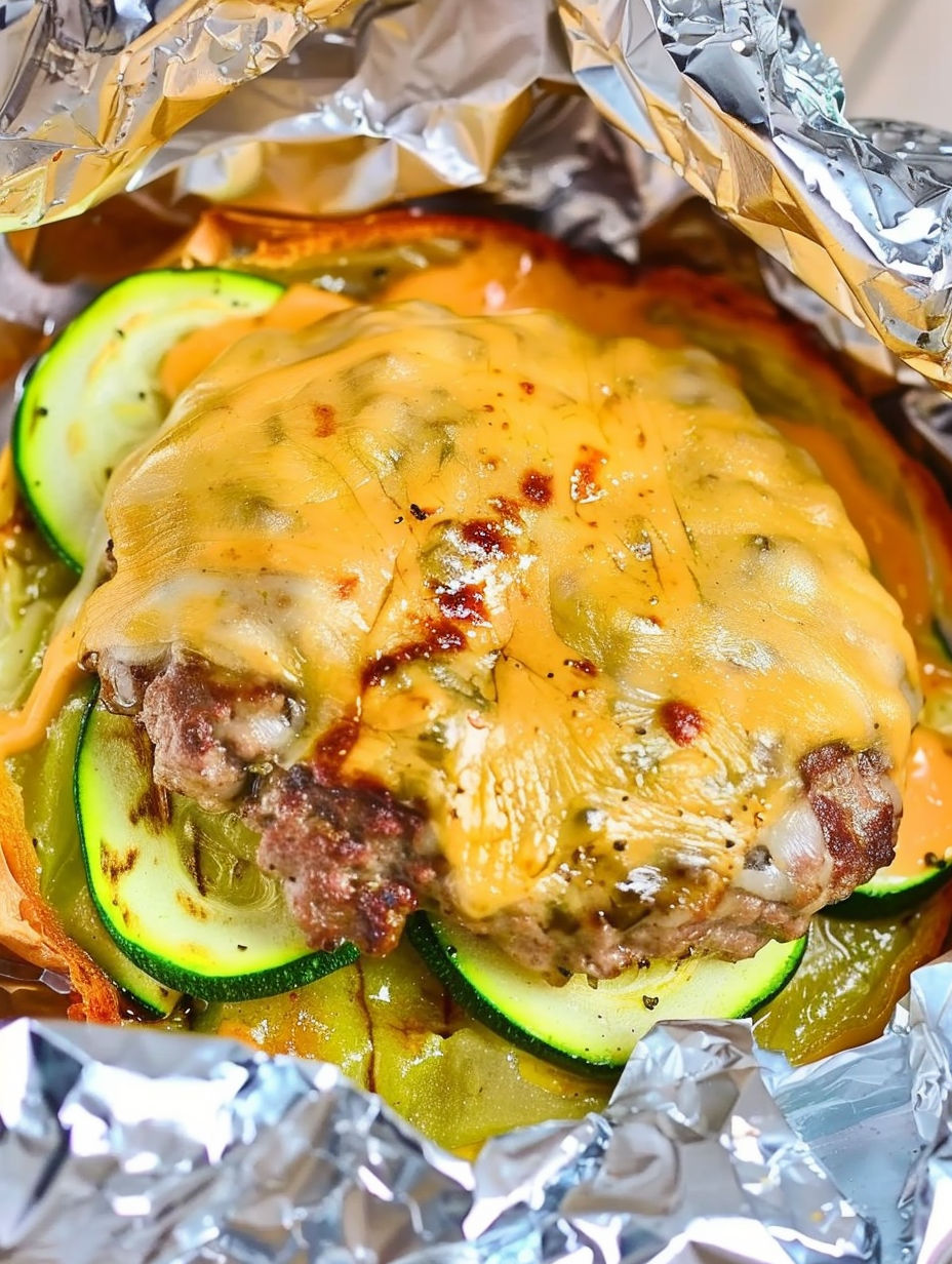 A cheeseburger with zucchini and cheese.