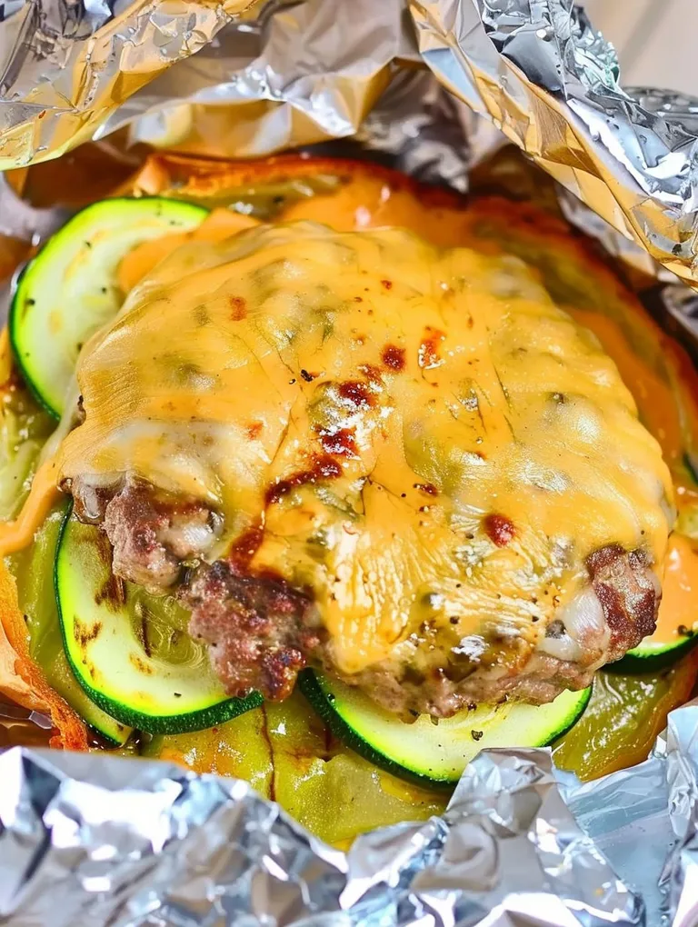 A cheeseburger with zucchini and cheese.