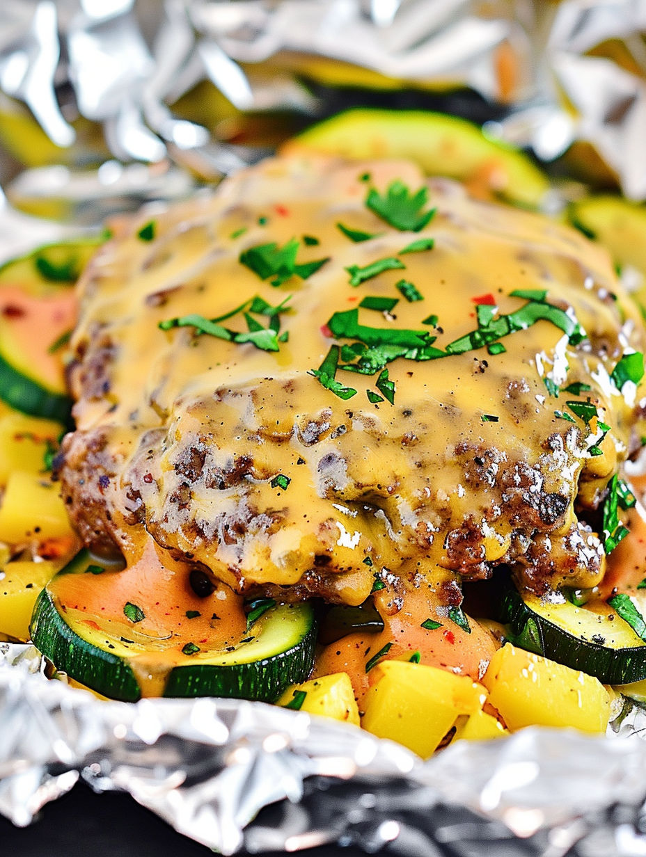 A delicious keto cheeseburger with a side of zucchini.