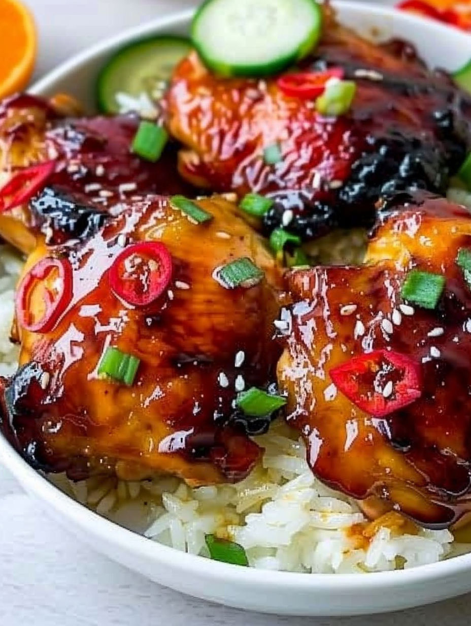 A bowl of chicken thighs with a sweet chili sauce.