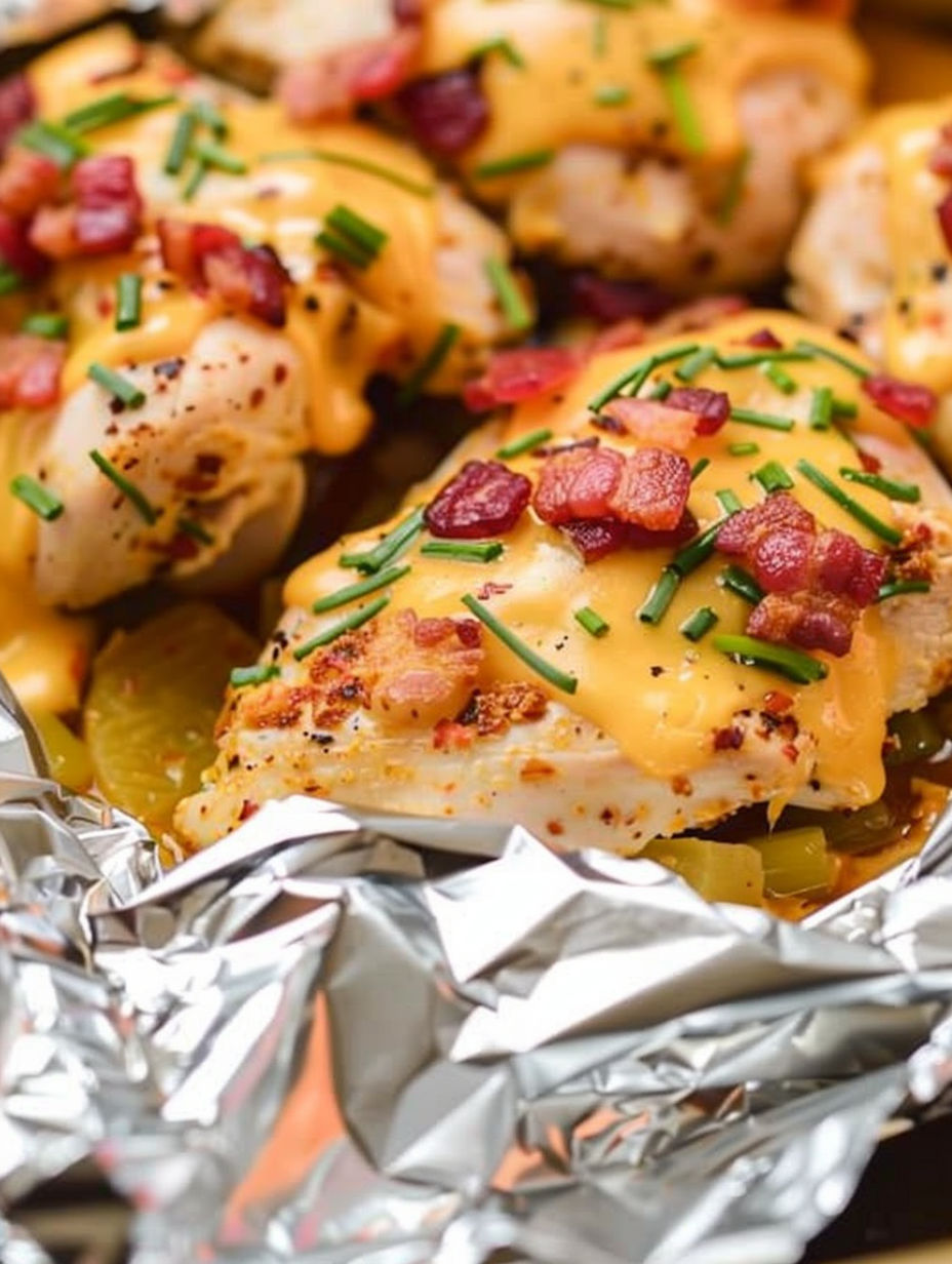 Chicken foil packets with bacon and cheese.