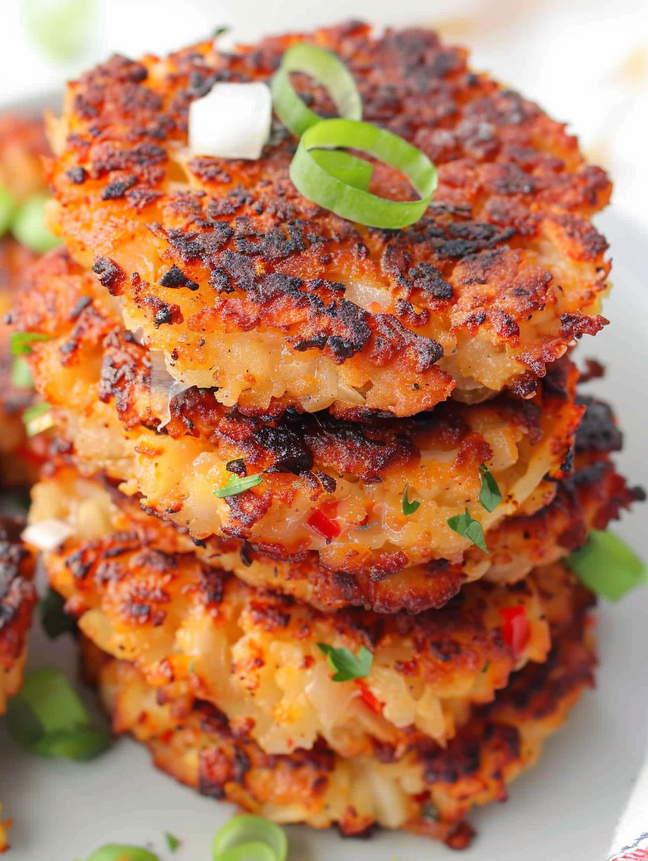 A stack of air fryer cauliflower hash browns.