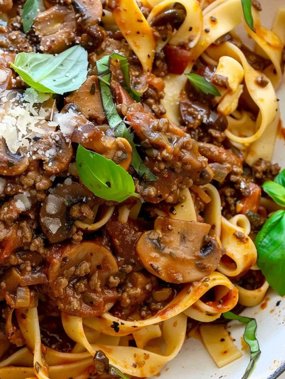 A plate of mushroom ragu with noodles.