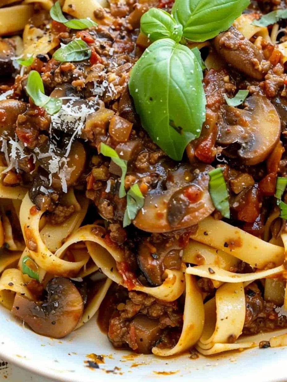 A bowl of mushroom ragu with pasta.