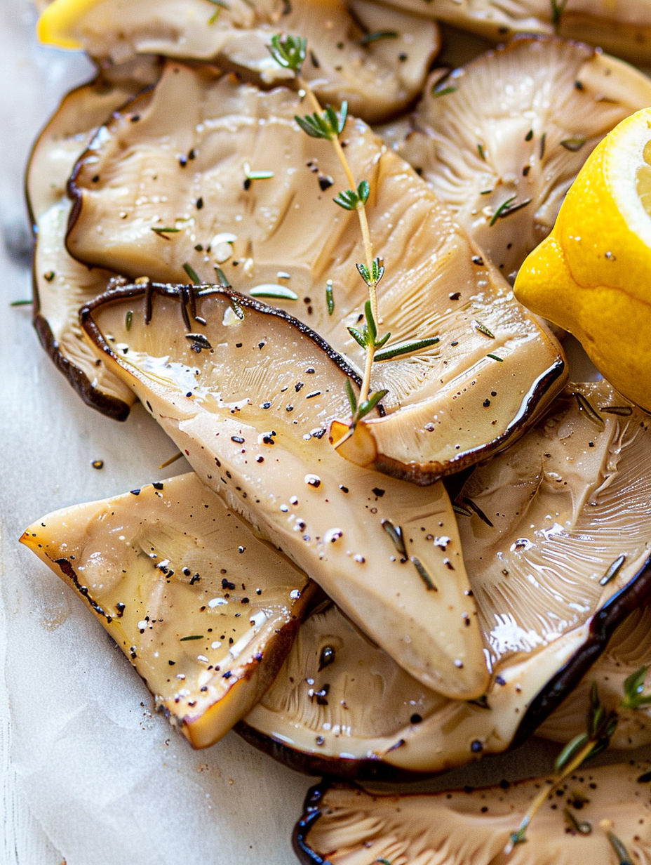 A plate of cooked mushrooms with a lemon wedge on top.
