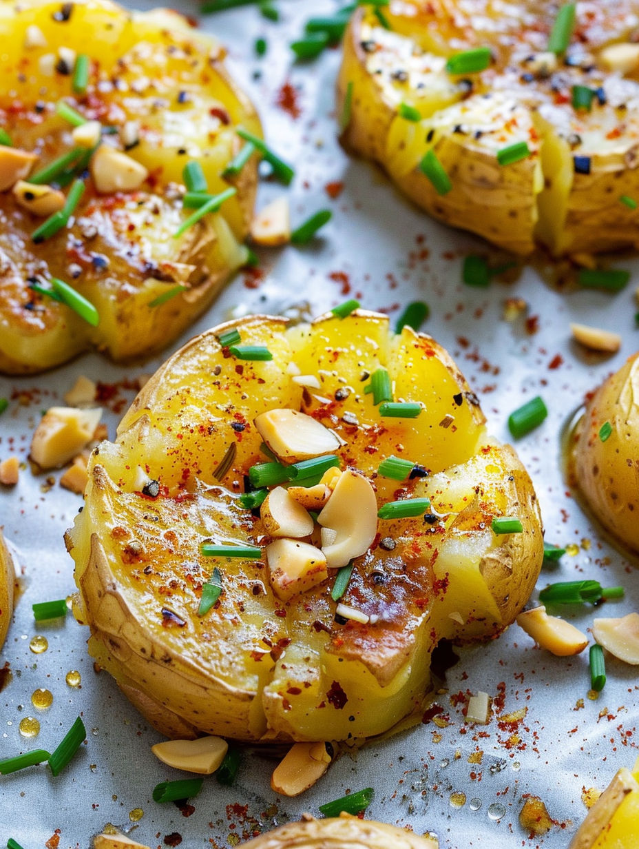 A plate of garlic smashed potatoes.