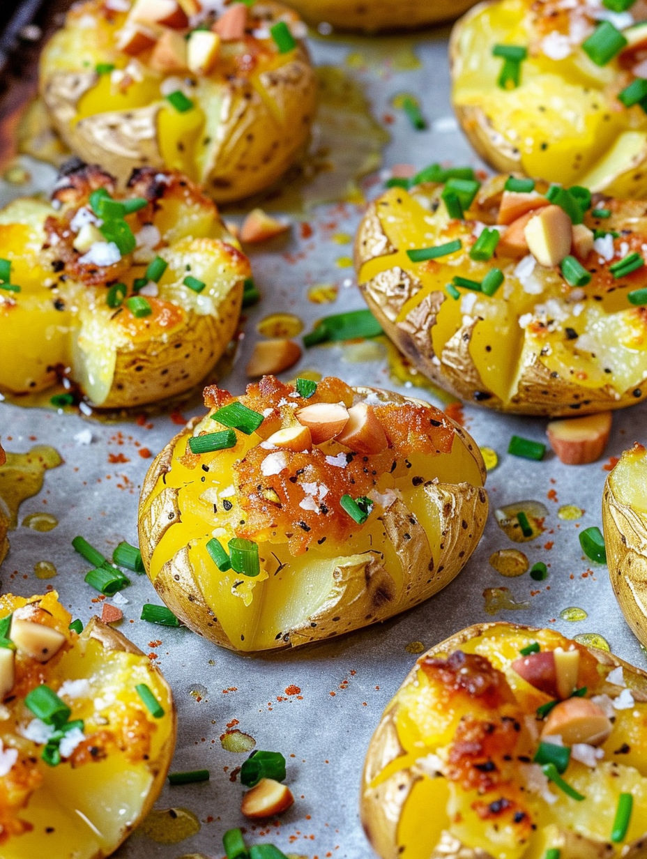 A plate of garlic smashed potatoes.