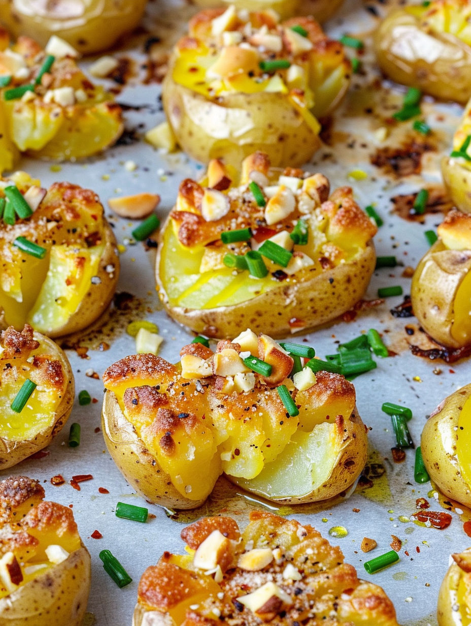 Garlic smashed potatoes on a tray.