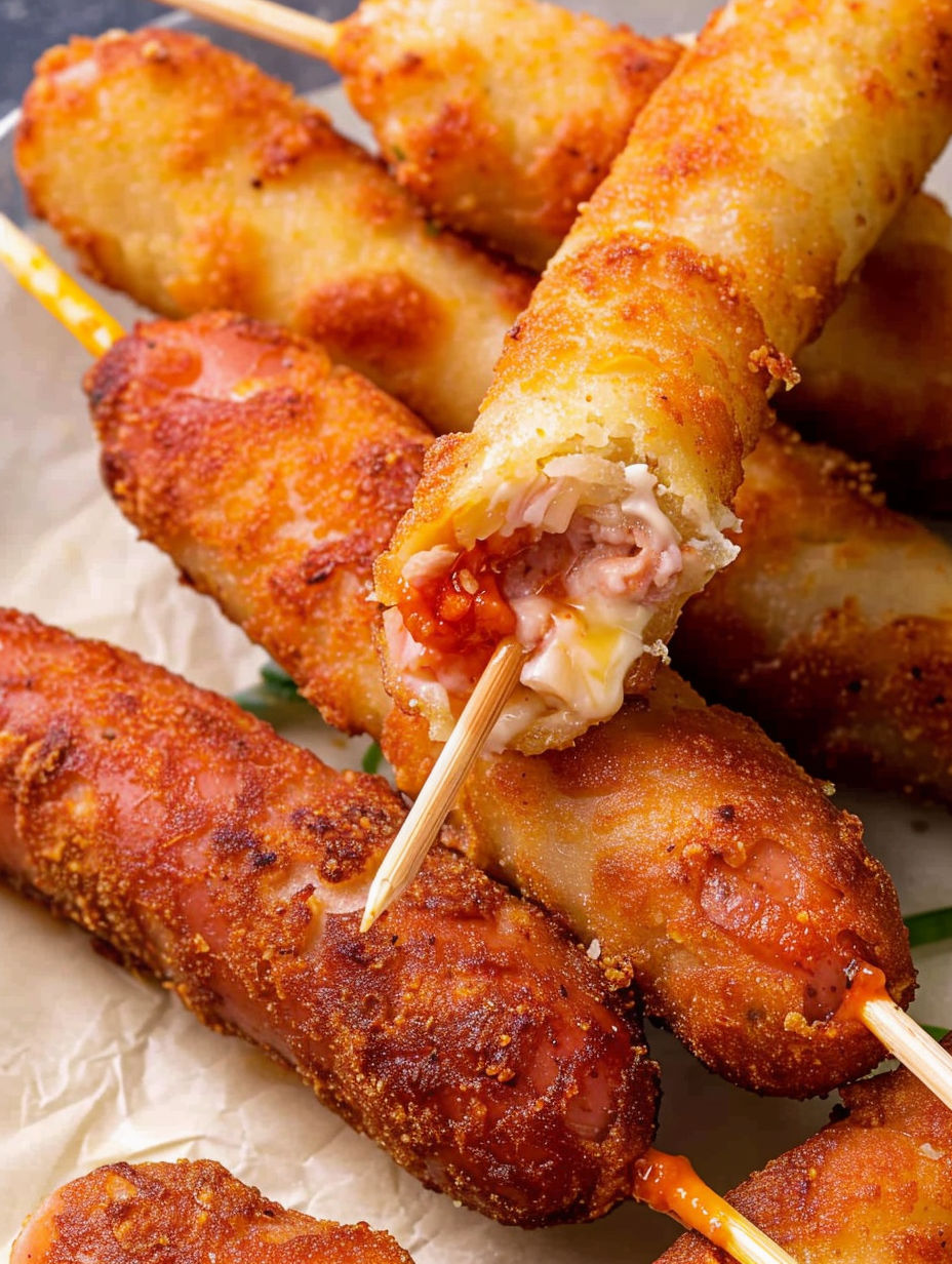 A close up of a corn dog with a bite taken out of it.