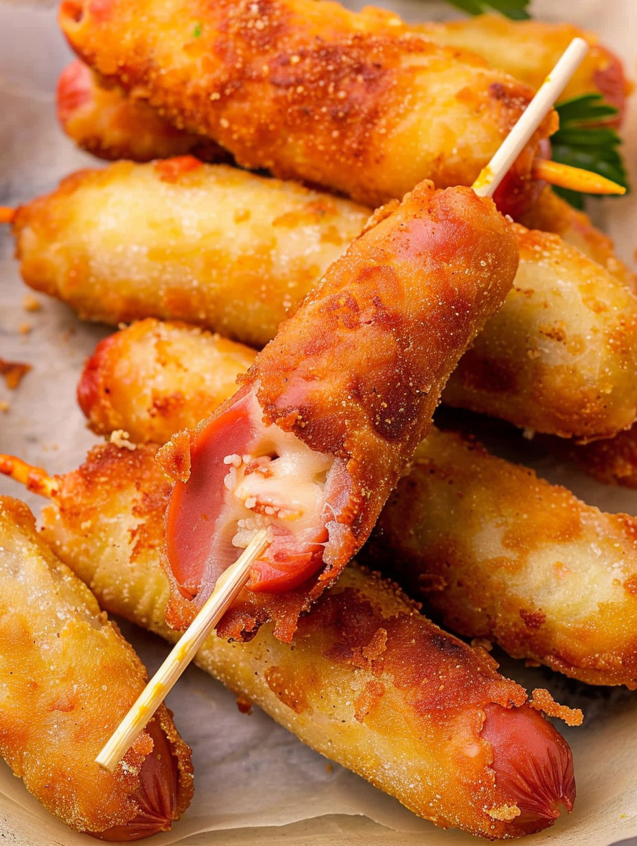 A plate of corn dogs with cheese and tomato.