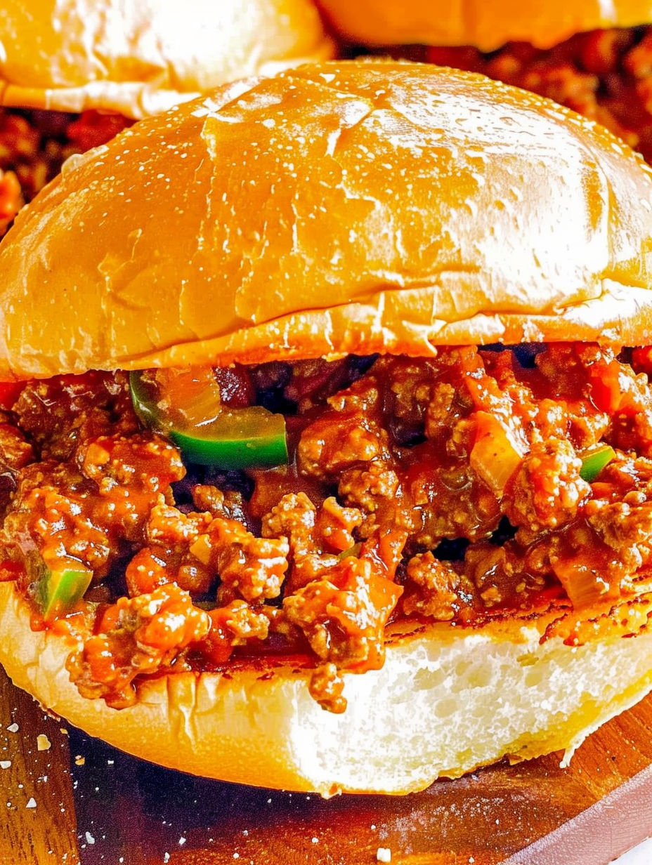 A sloppy joe sandwich with a slice of green pepper.