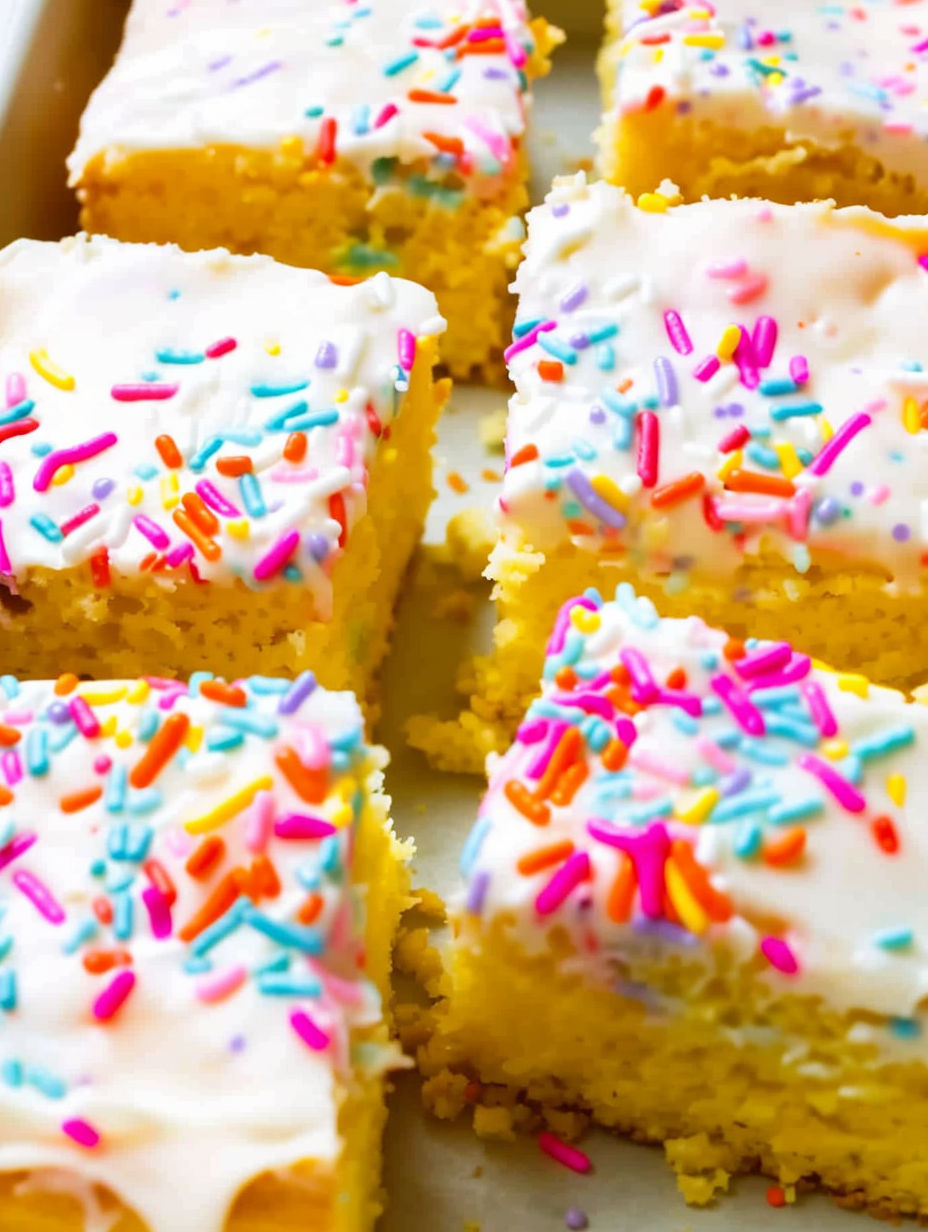 A close up of a cake with sprinkles.