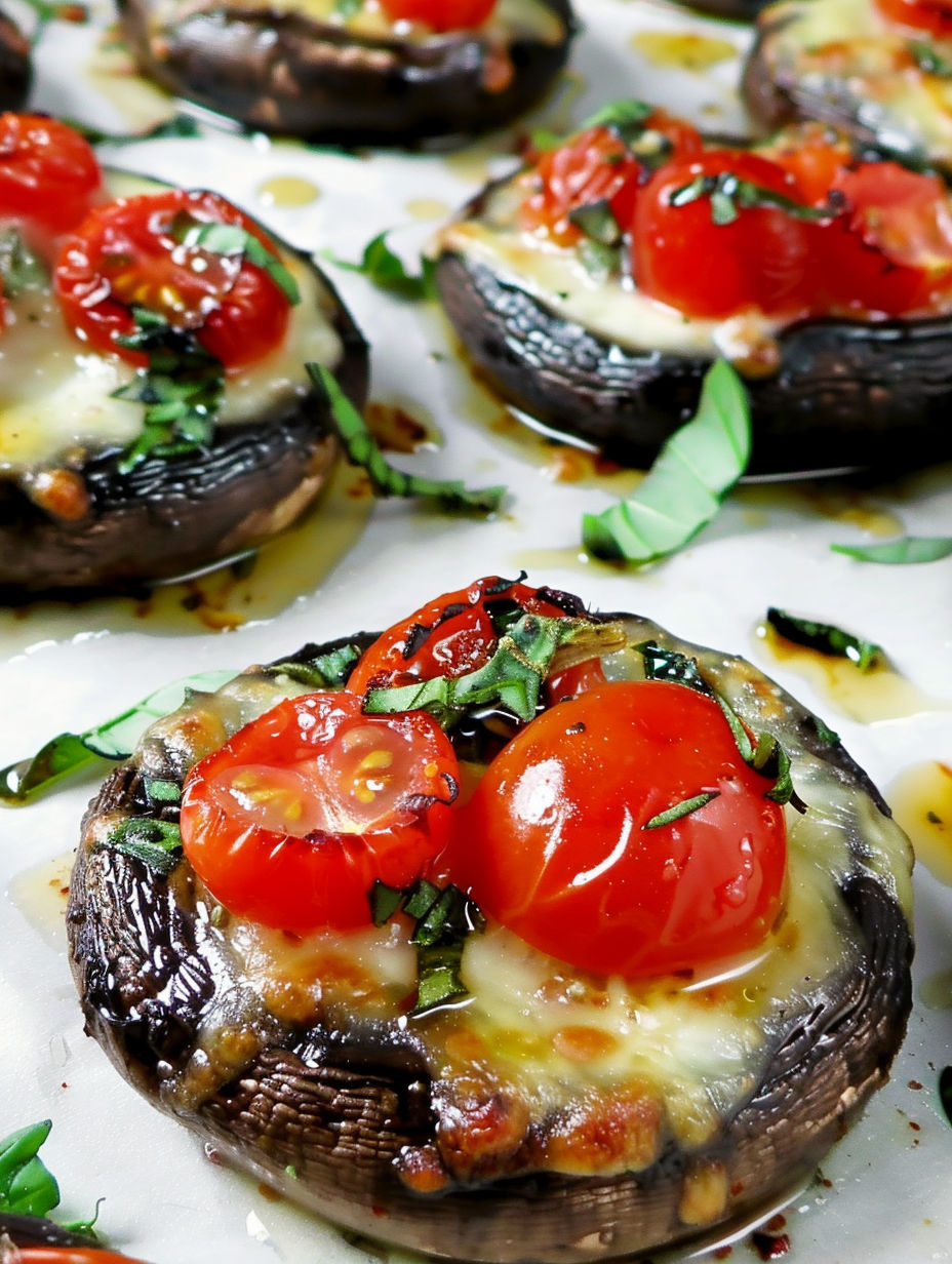 Caprese style portobellos with tomatoes and basil.