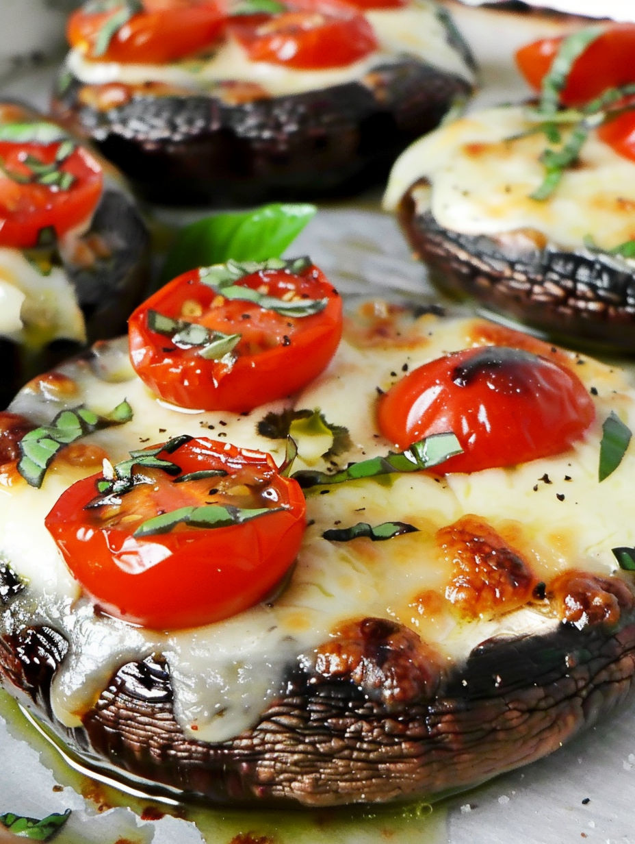 Caprese style portobellos with tomatoes and cheese.