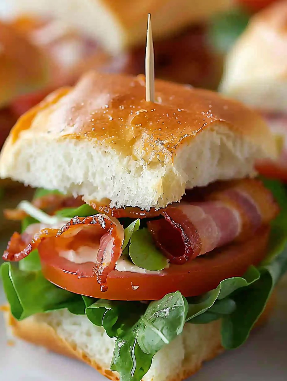 A close up of a BLT sandwich with bacon, lettuce, and tomato.