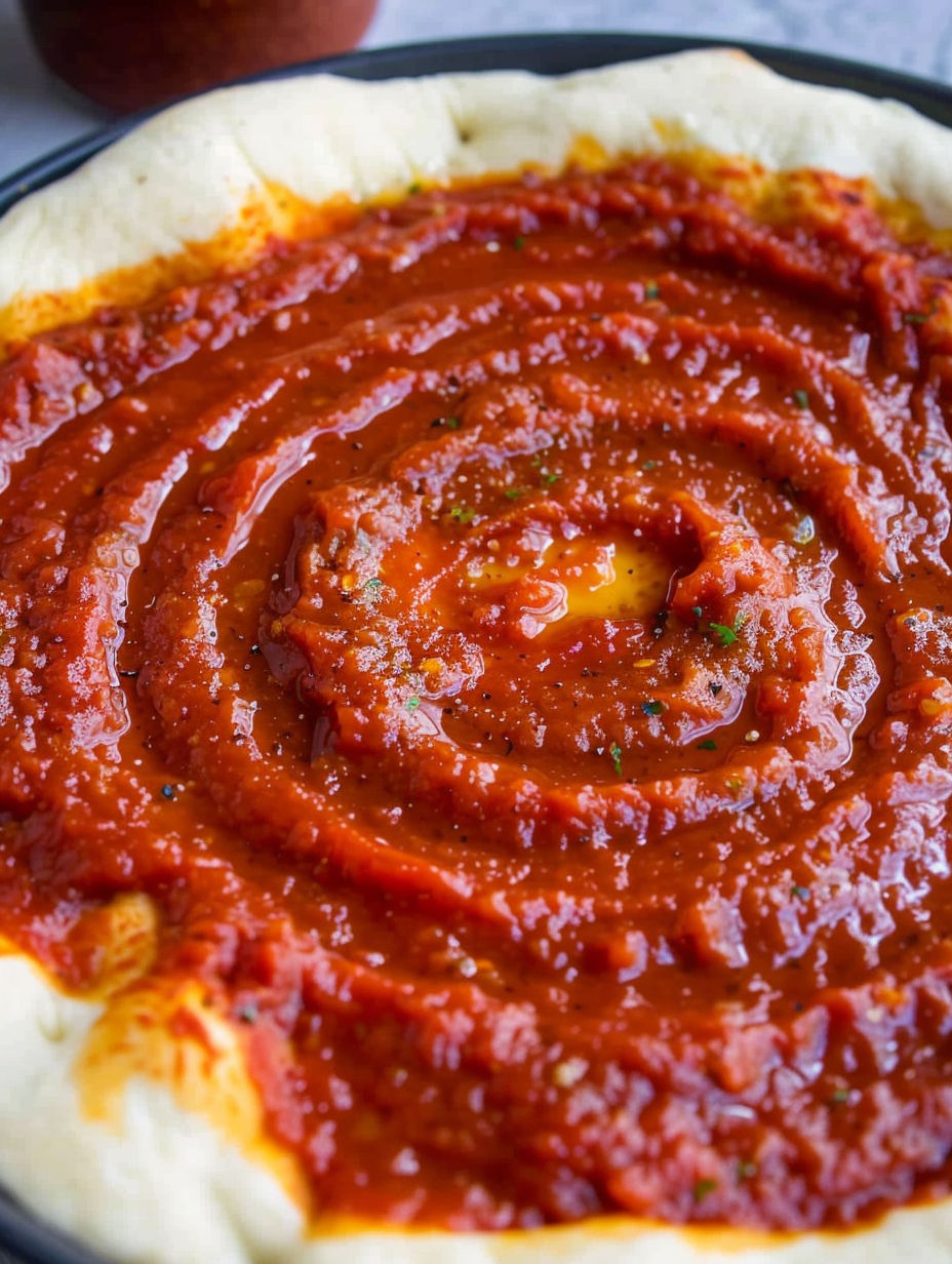 A close up of a pizza sauce.
