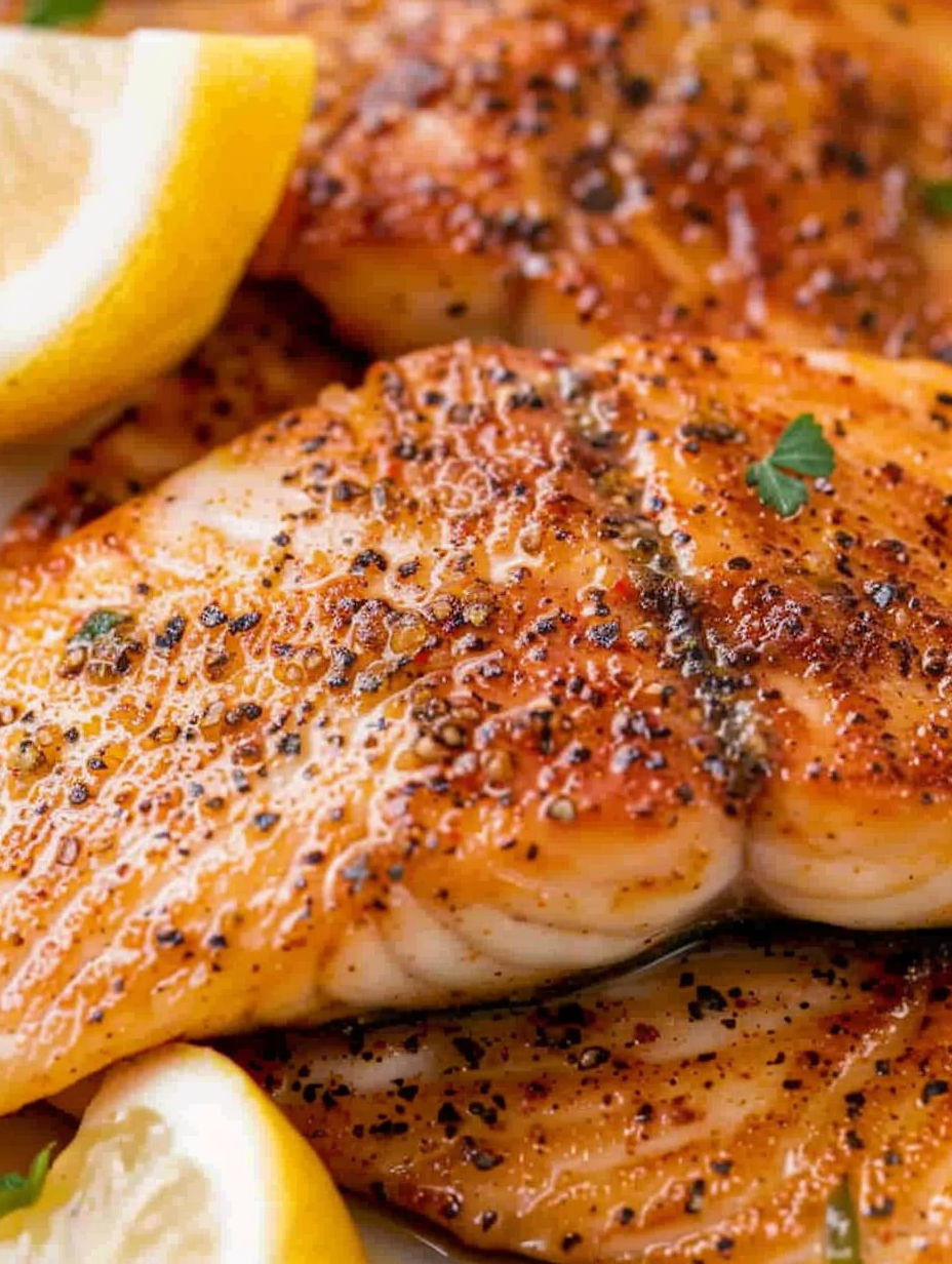 A piece of fish with a lemon wedge on top.