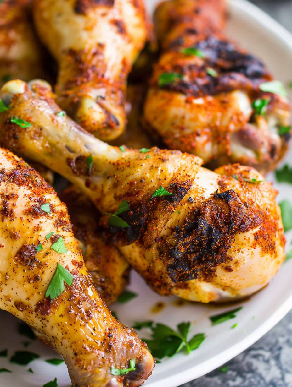 A plate of chicken with herbs on it.