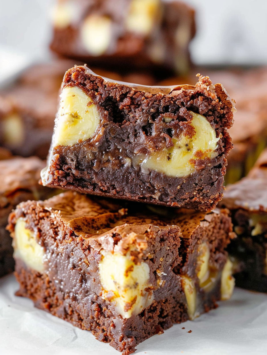 A close up of a delicious chocolate brownie with bananas.