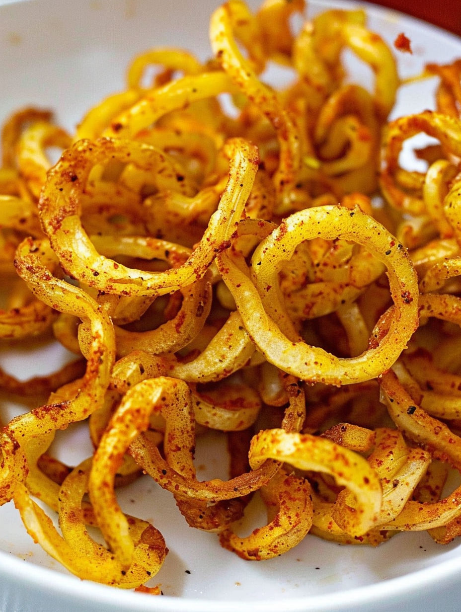 A plate of curly fries cooked in an air fryer.