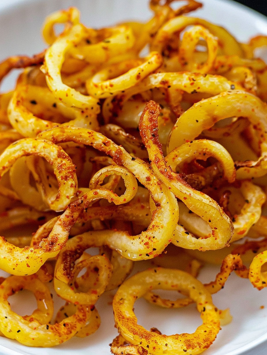 A plate of homemade curly fries cooked in an air fryer.