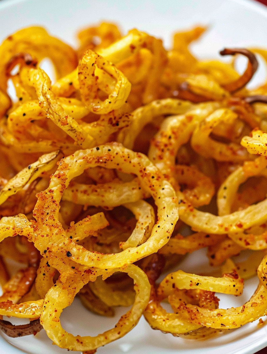 A plate of curly fries cooked in an air fryer.