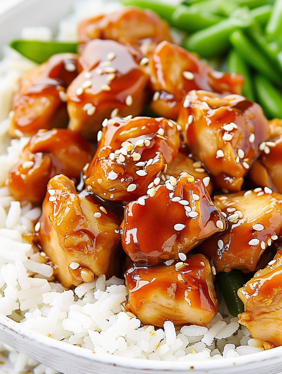 A plate of chicken with sesame seeds and sauce.