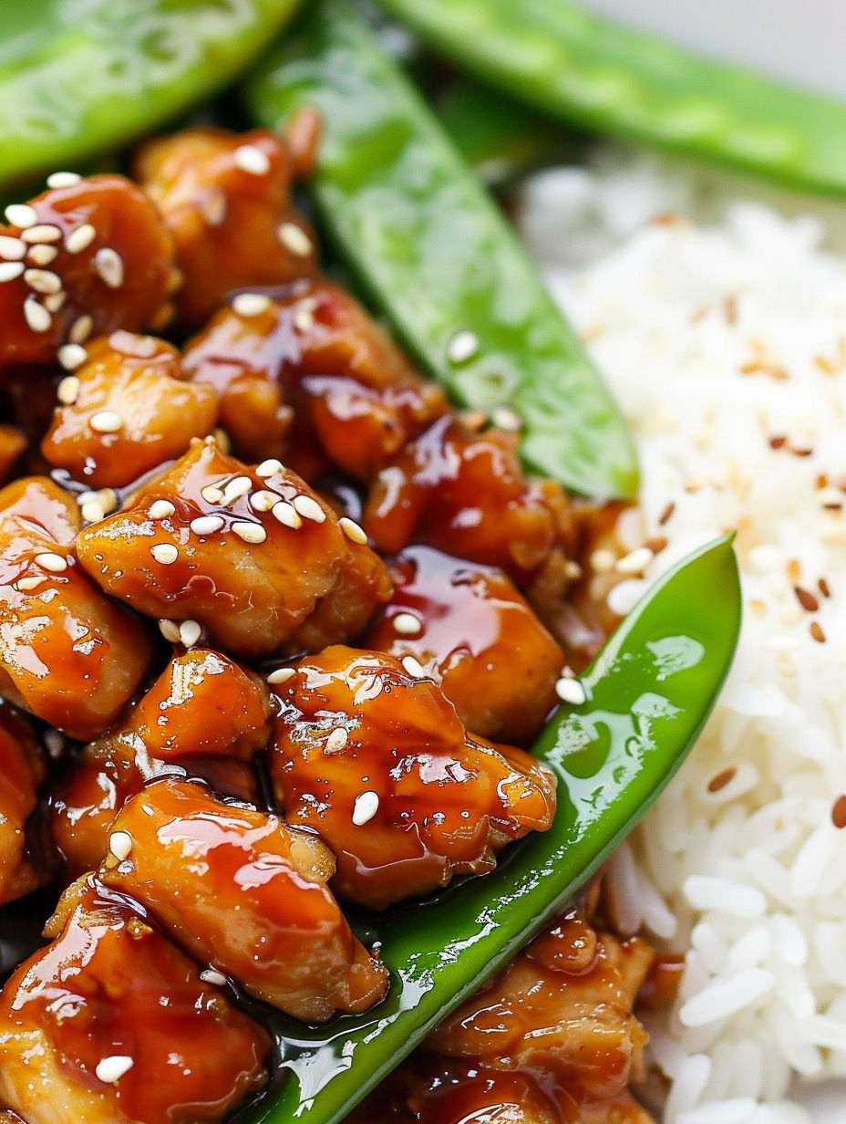 A plate of chicken with sesame seeds and green beans.