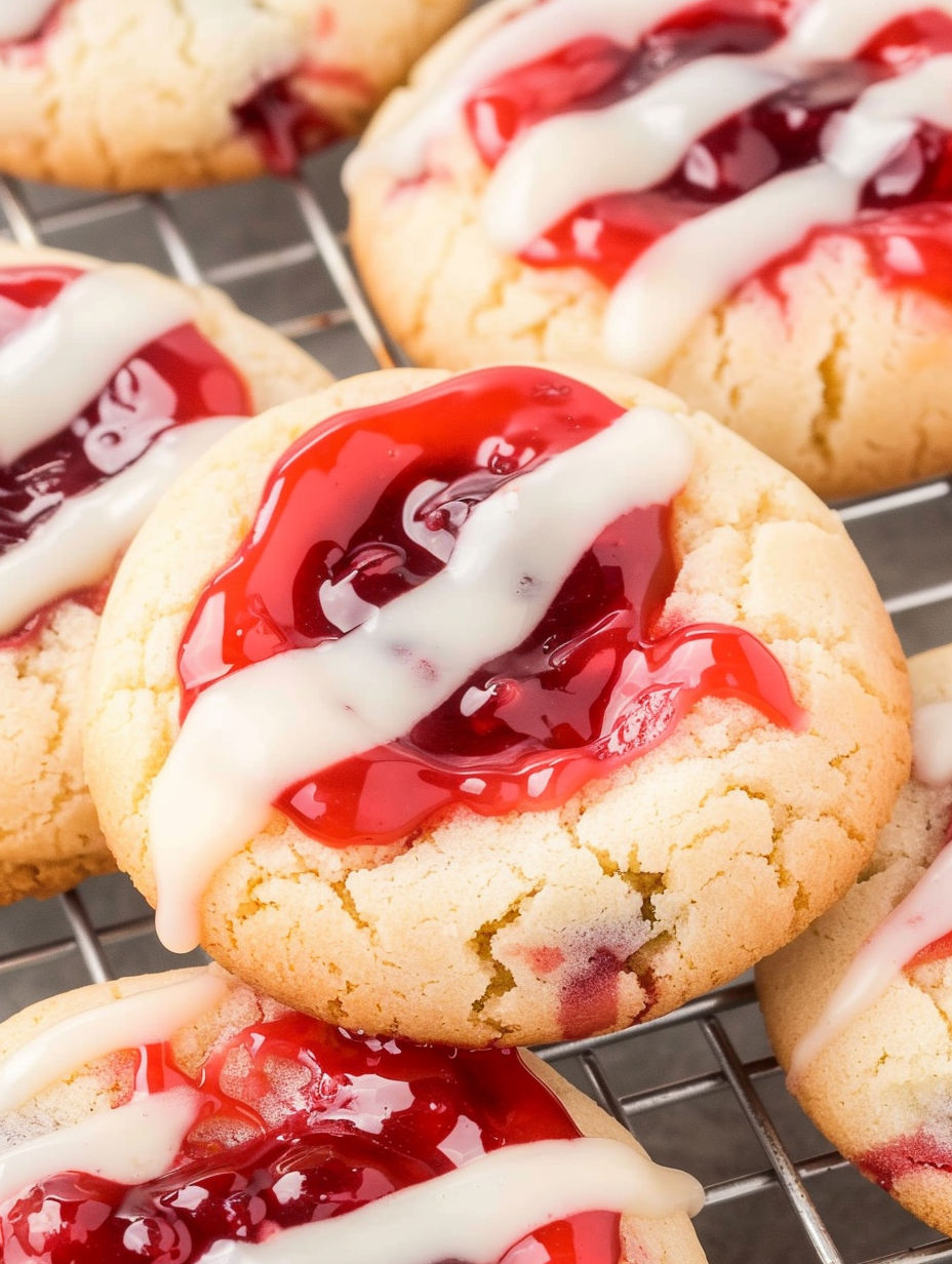 A cookie with white frosting and red jam.