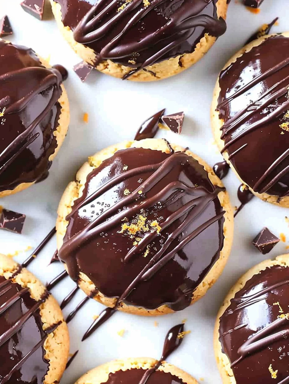 Chocolate cookies with orange sprinkles.