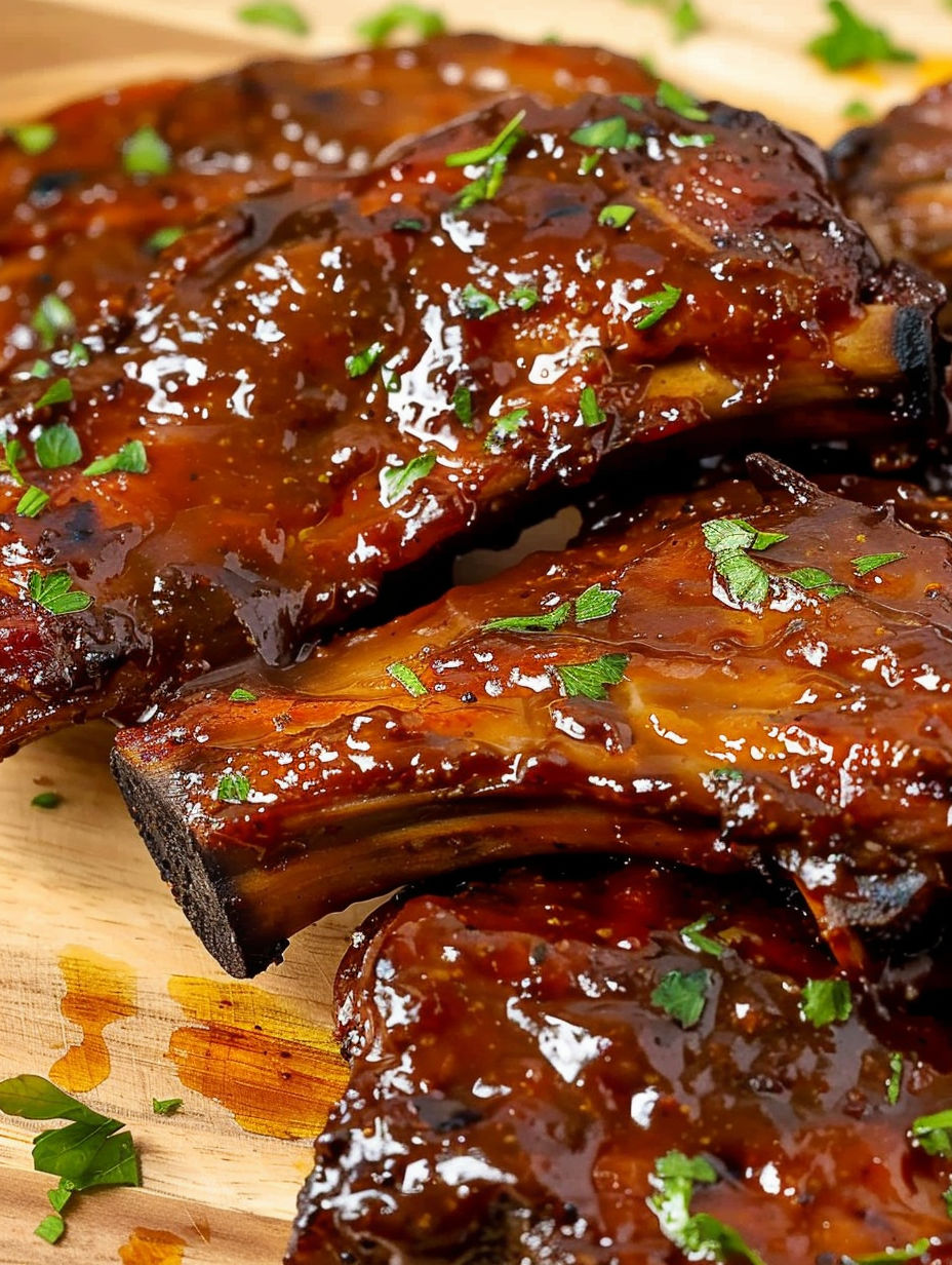 A close up of ribs on a wooden cutting board.
