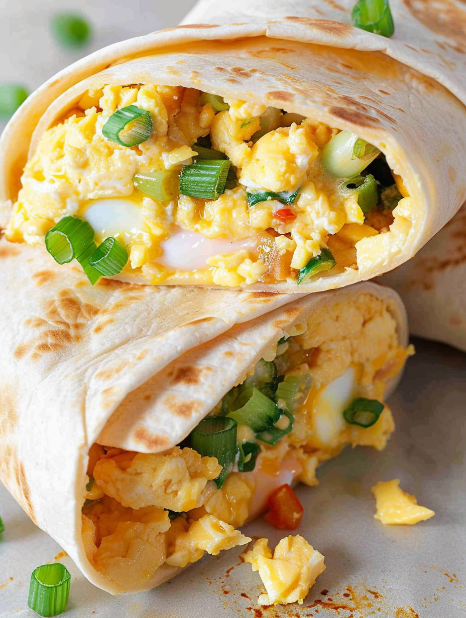 Two burritos filled with eggs and vegetables.
