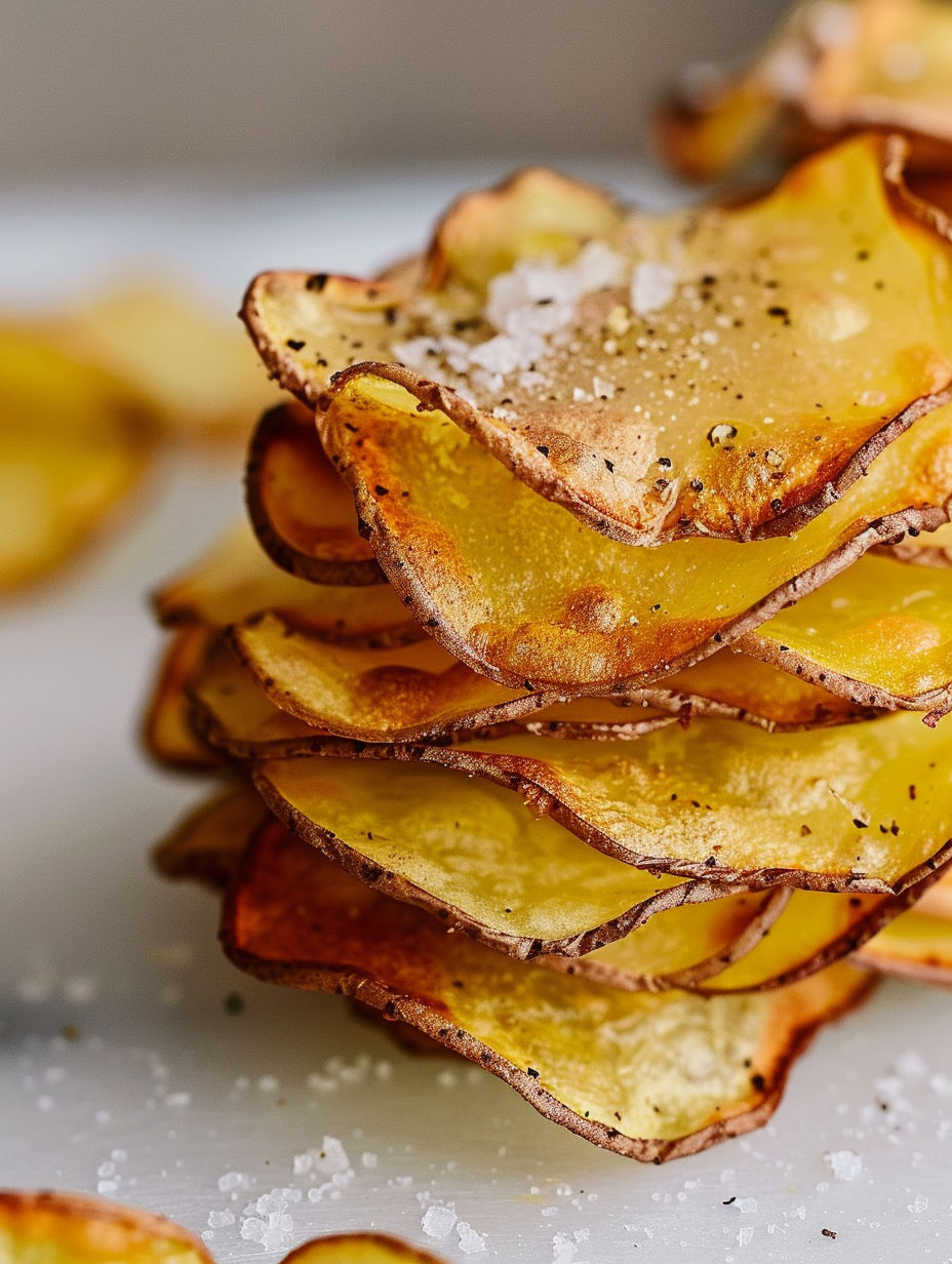 Homemade baked potato chips with salt on top.