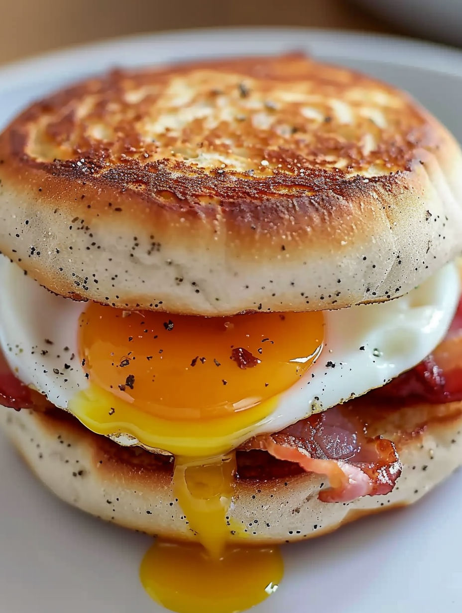 A breakfast sandwich with bacon and egg.