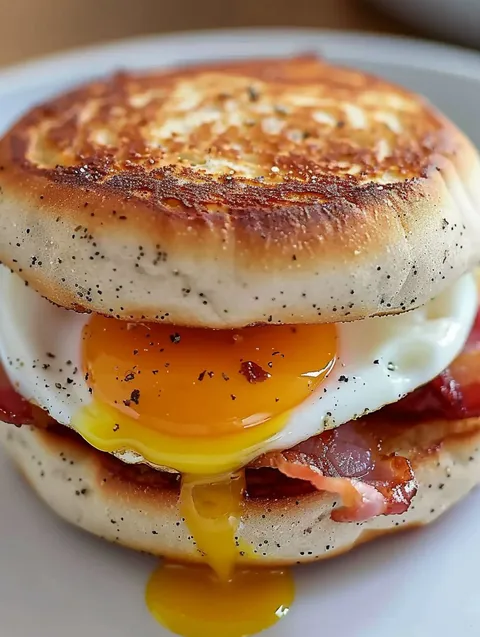 A breakfast sandwich with bacon and egg.