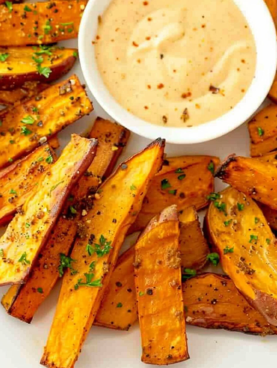 Sweet potato wedges with spicy honey mustard dip.