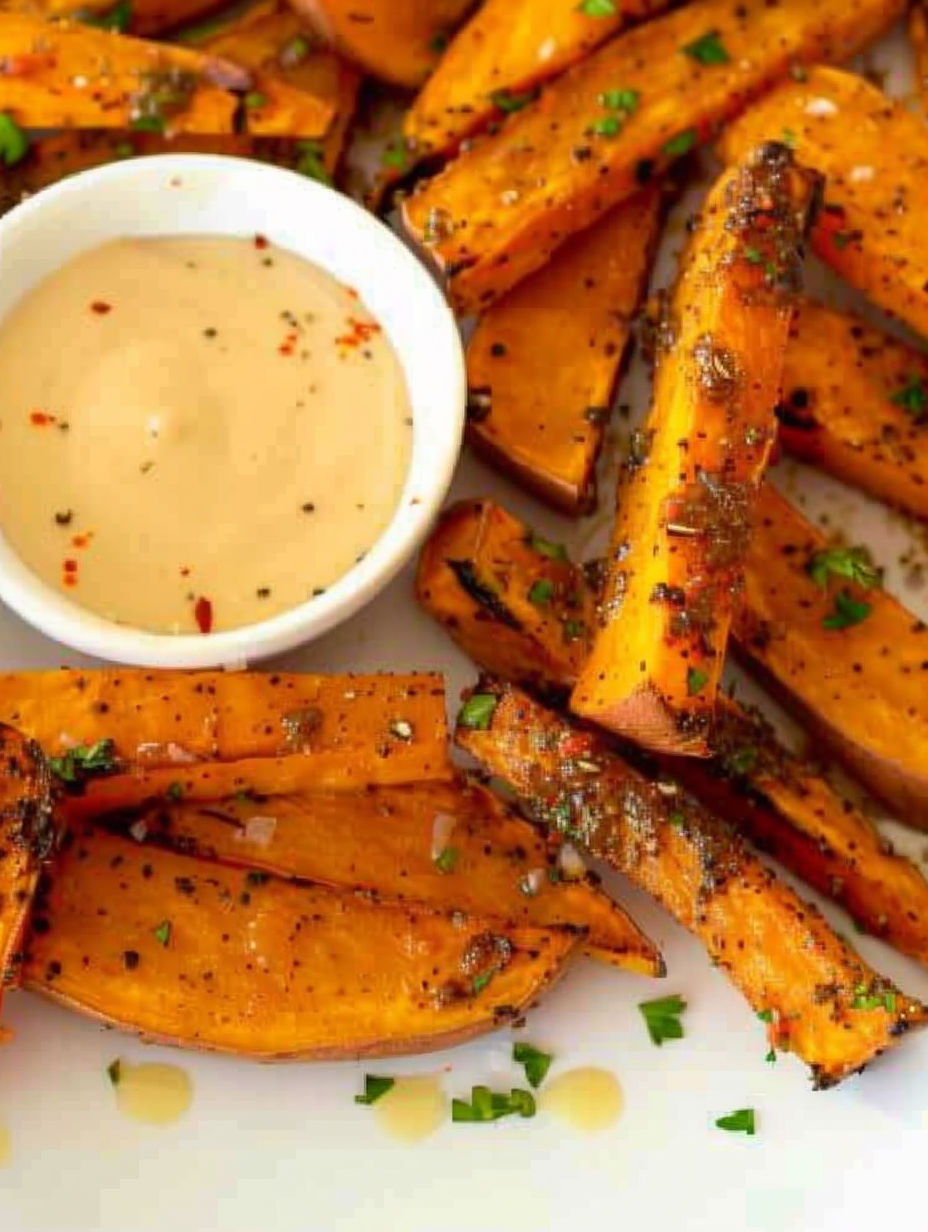 Sweet potato wedges with spicy honey mustard dip.