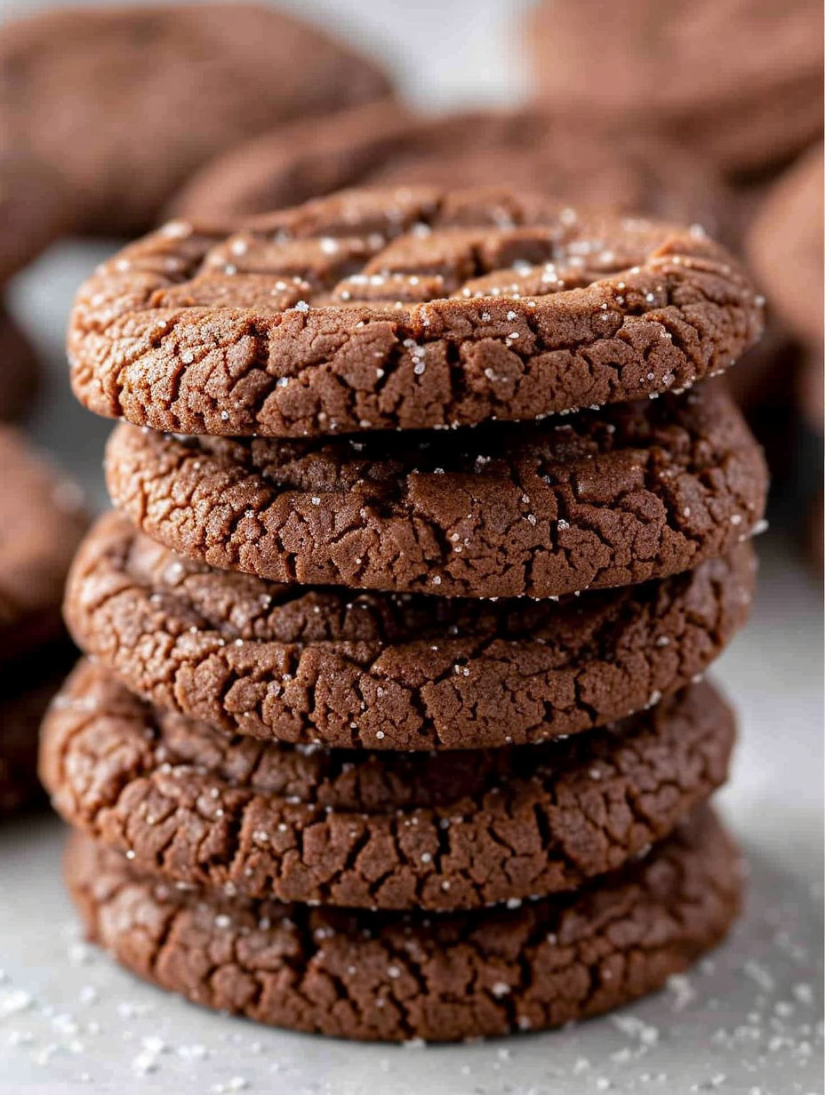 A stack of chocolate cookies with sugar on top.