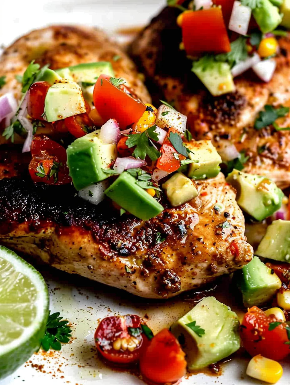 A plate of chicken with lime and avocado toppings.