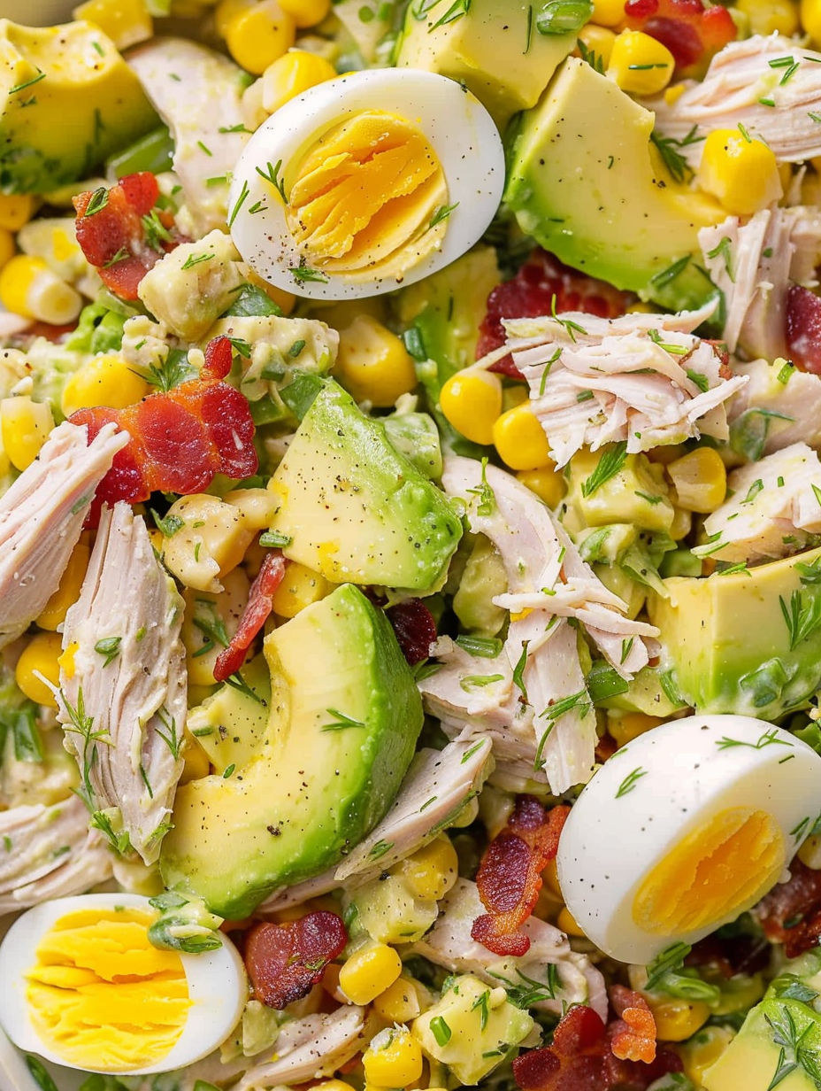 A close up of a salad with chicken, avocado, and eggs.