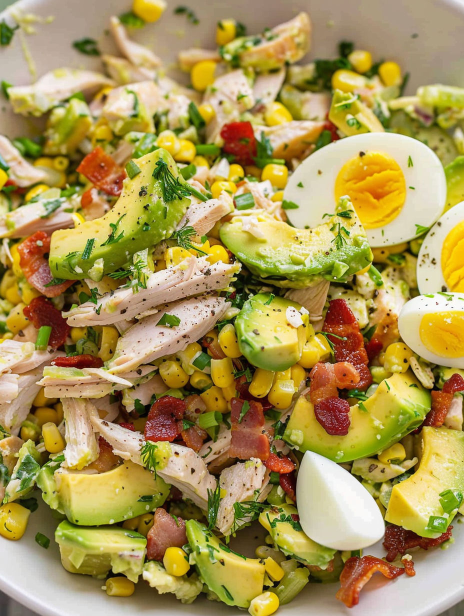 A close up of a salad with chicken, avocado, and eggs.