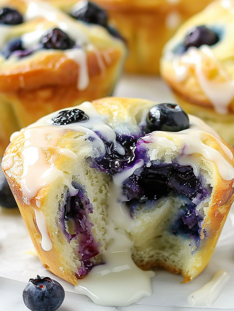 A muffin with blueberries and cream.